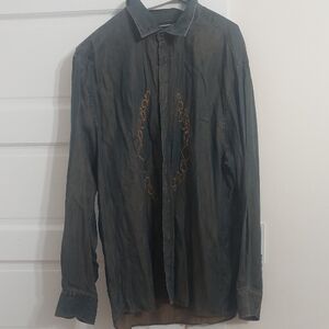 Men's Dark Green Embroidered Button-Up Shirt